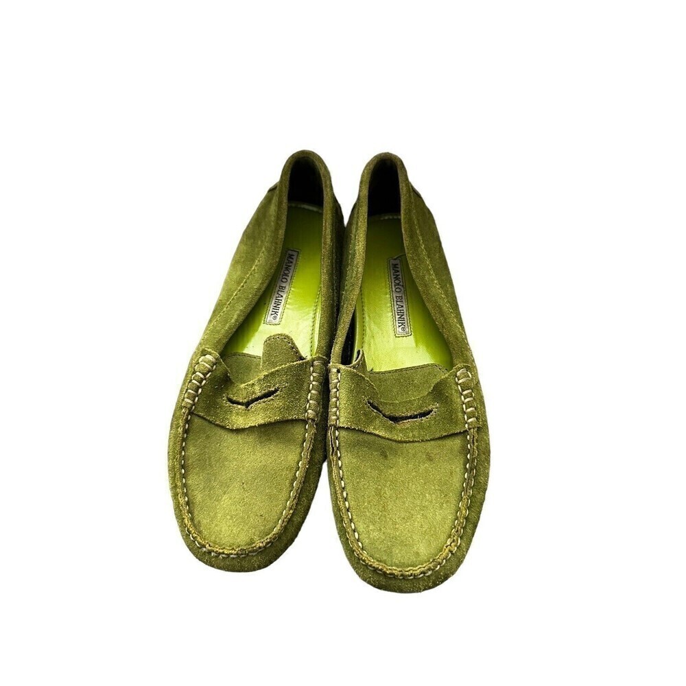 MANOLO BLAHNIK Roadster Green Suede Driving Loafers Mocs Terry Lined Sz 37